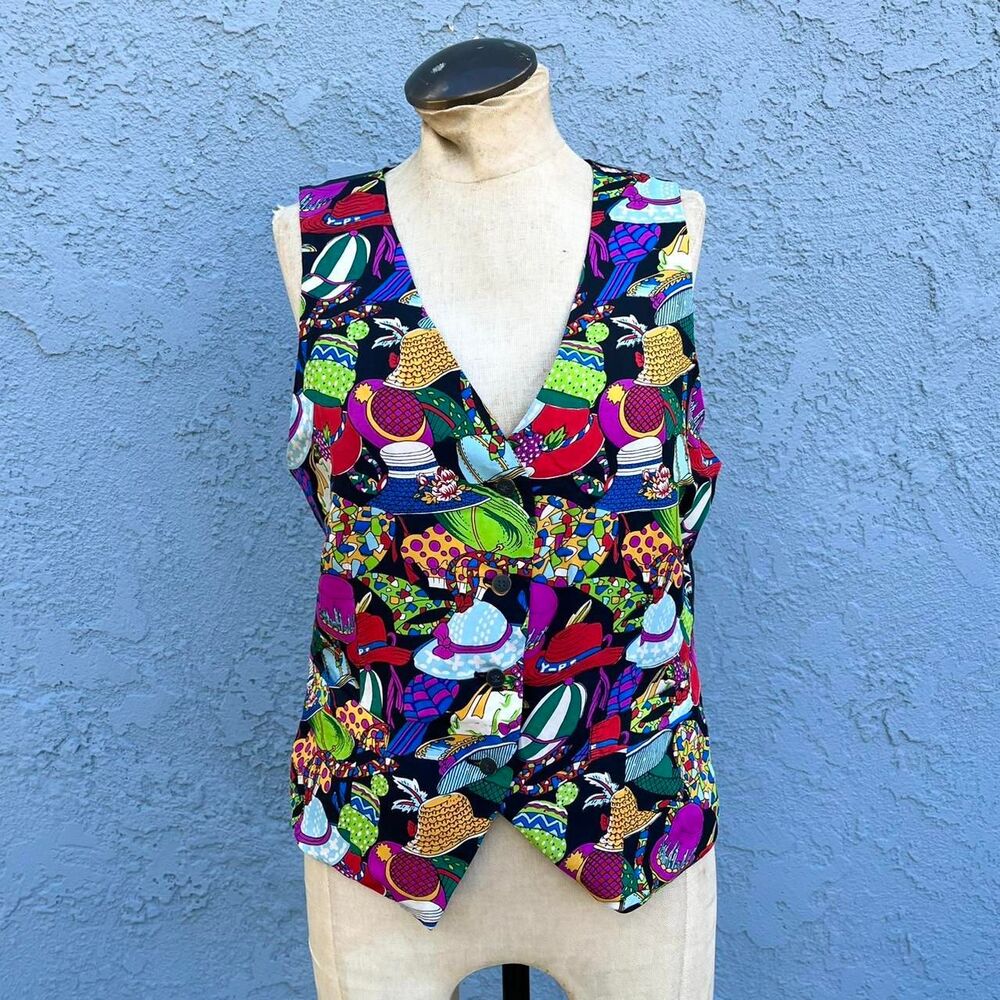 90s Silk Vest Hat Novelty Print Size Small Rainbow